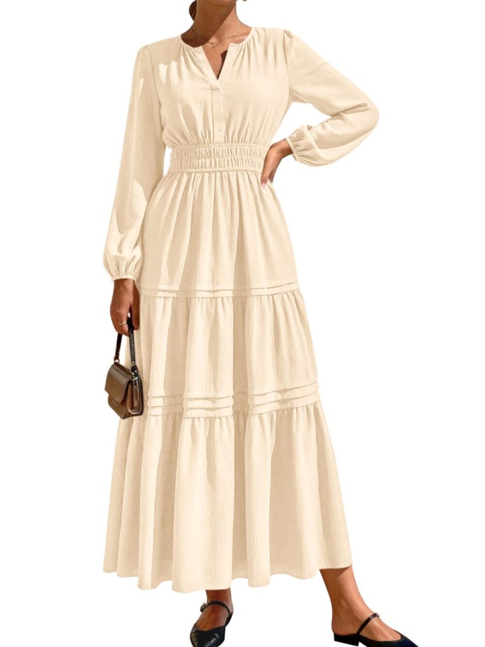 ๐ Women's Elegant Maxi Dresses Long Sleeve V Neck Flowy Pockets Casual Modest - Picture 5 of 5